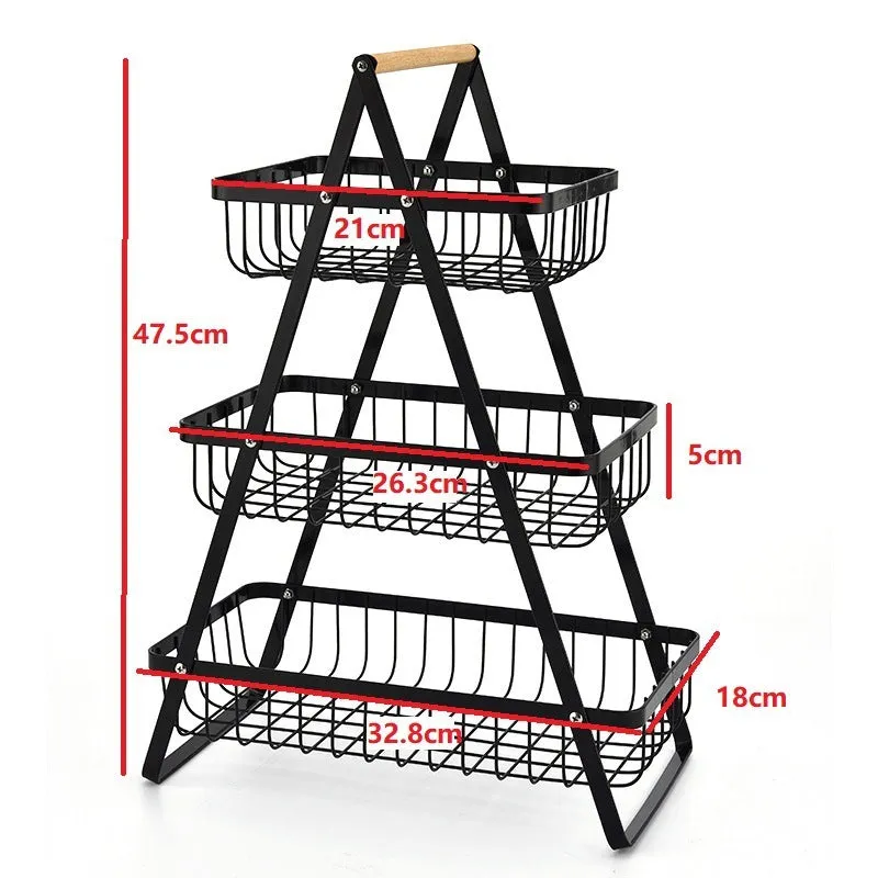 Black iron double-layer fruit basket with wooden handle, shown detached into two separate baskets