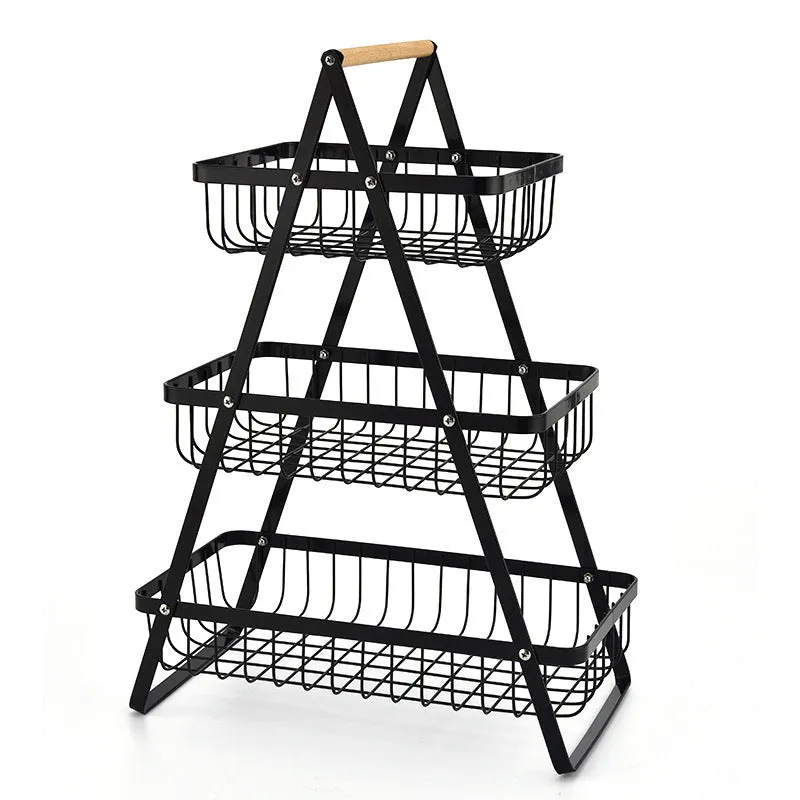 Black iron double-layer fruit basket with wooden handle, shown detached into two separate baskets
