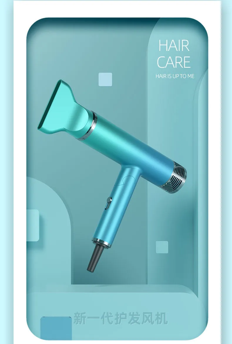 Green foldable hair dryer with collapsed handle next to a suitcase, demonstrating its travel-friendly portable design.