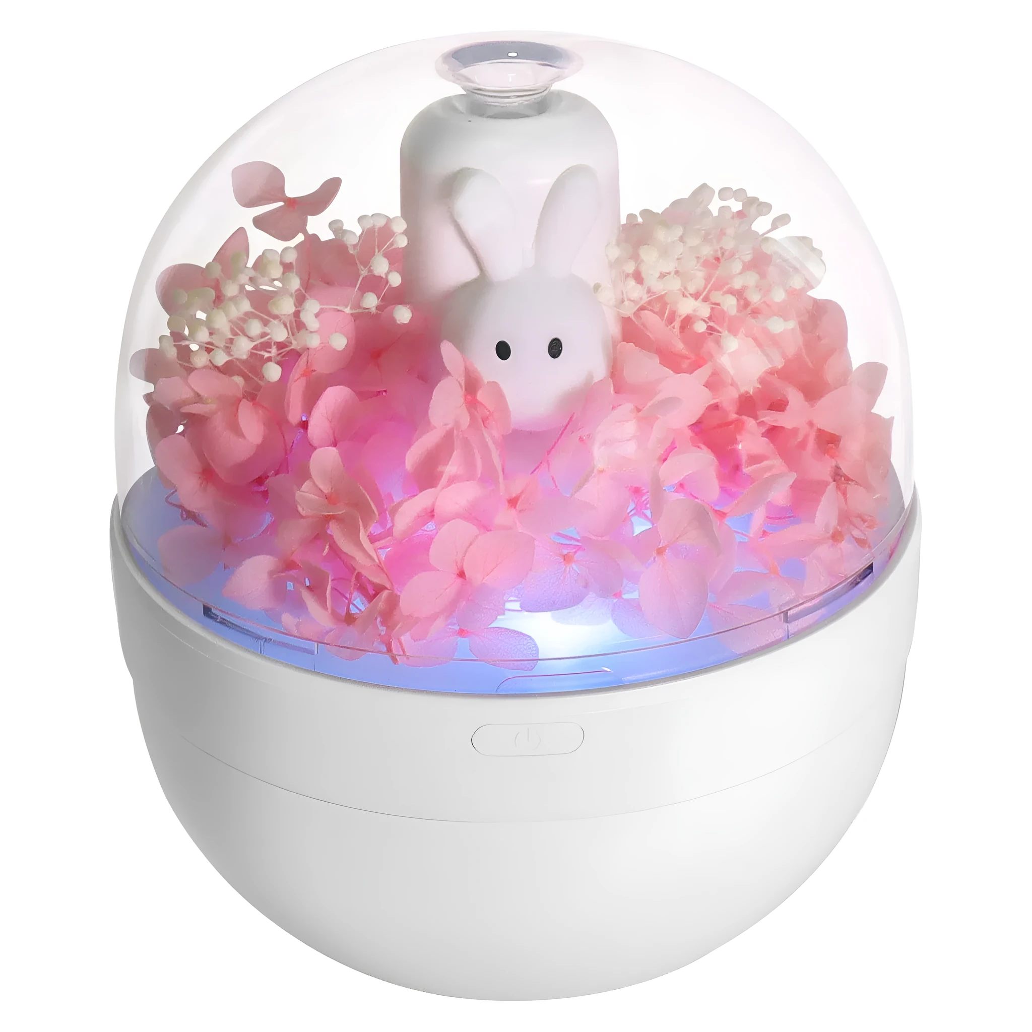 Pink creative rabbit-shaped aromatherapy humidifier with preserved flowers on top.