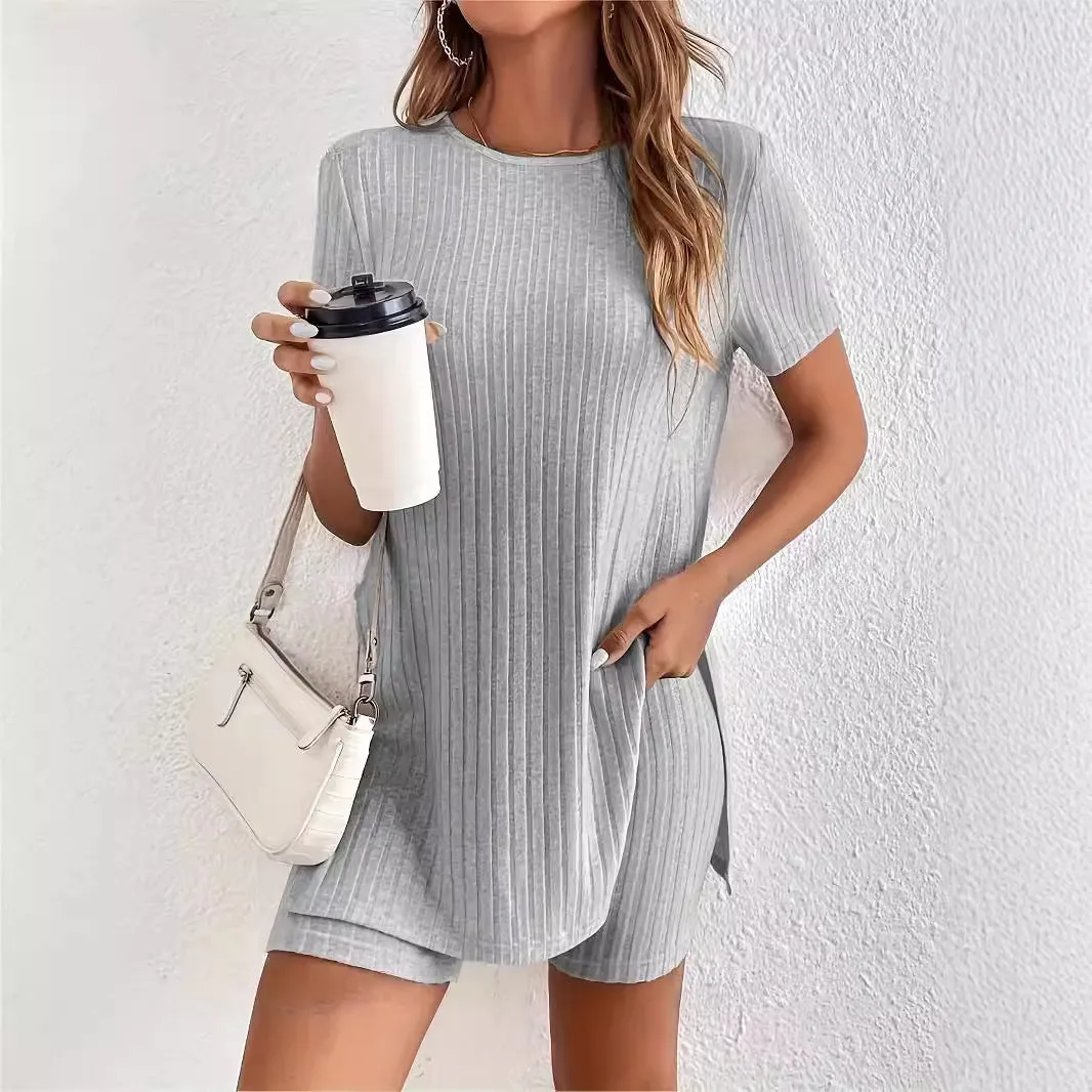Women's black cotton shorts suit set with ribbed texture showing crew neck top and matching shorts
