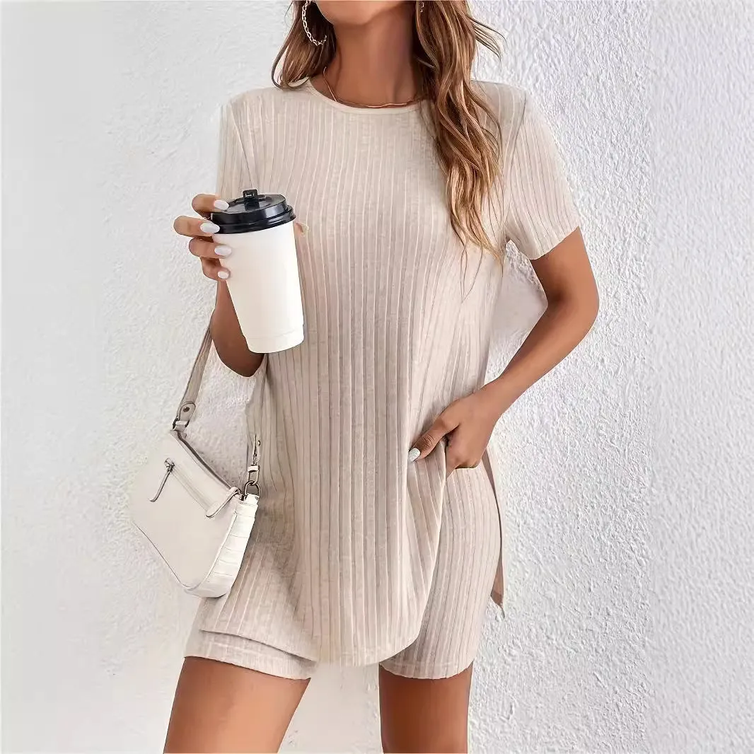 Women's black cotton shorts suit set with ribbed texture showing crew neck top and matching shorts