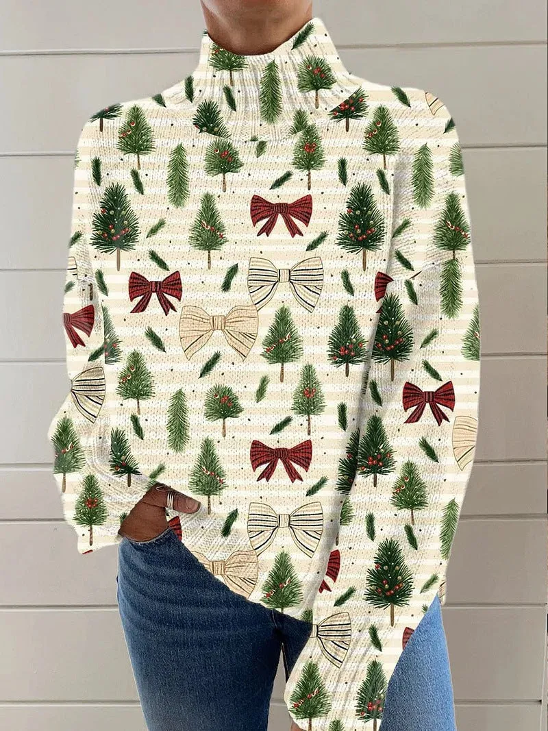 Women's loose-fit Christmas turtleneck sweater with a printed painting pattern in a macaron colour.