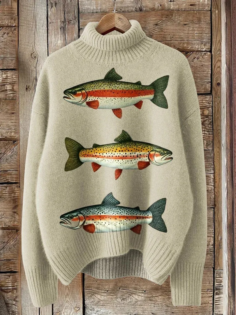 Women's loose-fit Christmas turtleneck sweater with a printed painting pattern in a macaron colour.