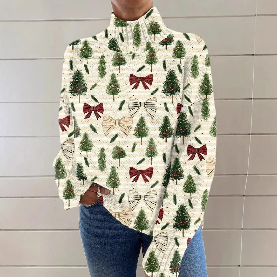 Women's loose-fit Christmas turtleneck sweater with a printed painting pattern in a macaron colour.