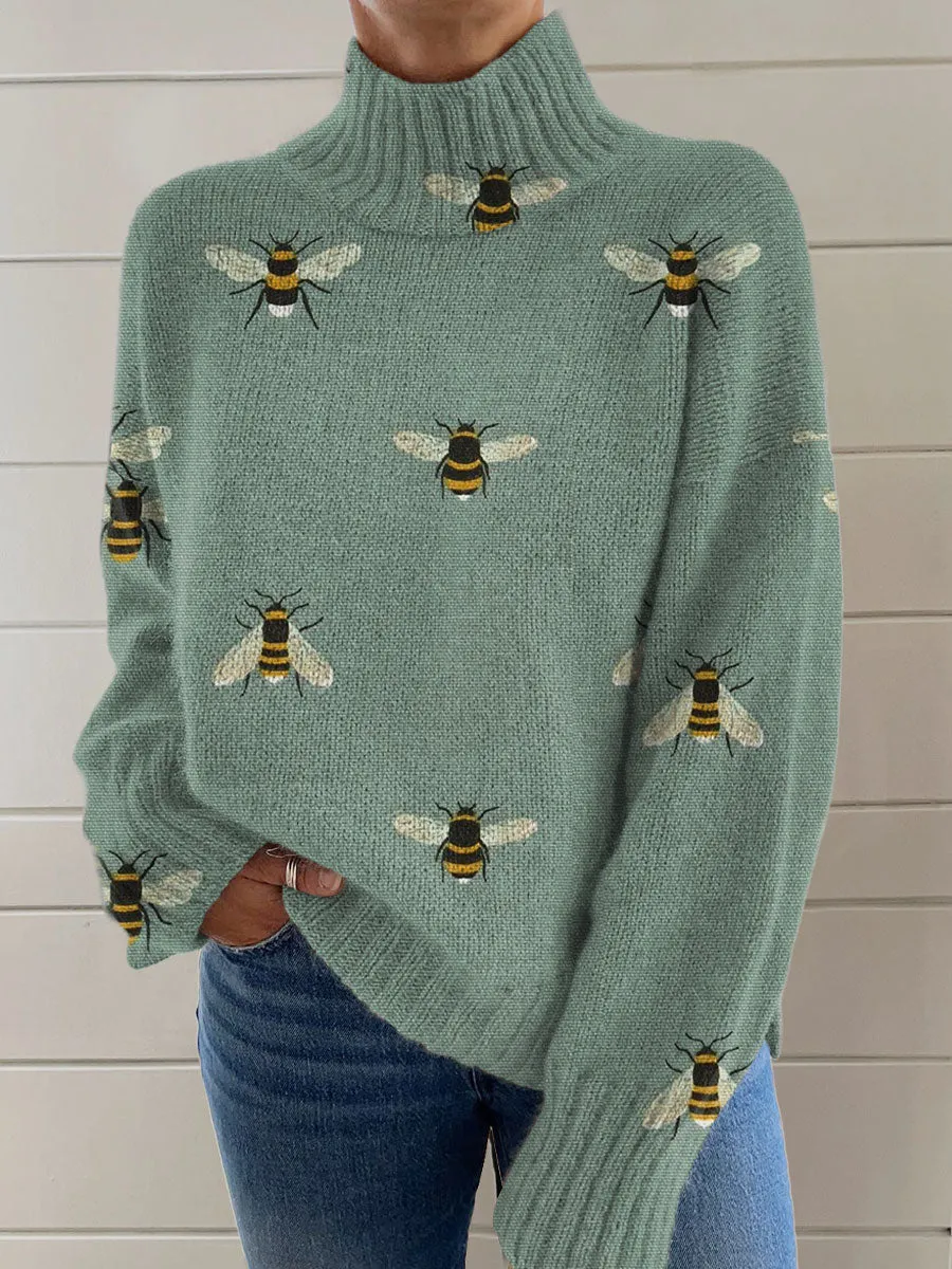 Women's loose-fit Christmas turtleneck sweater with a printed painting pattern in a macaron colour.