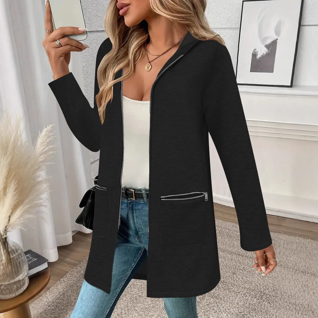 A loose grey mid-length cardigan coat for women with pockets, shown on a hanger.