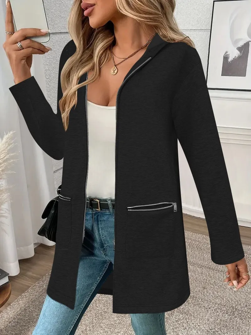 A loose grey mid-length cardigan coat for women with pockets, shown on a hanger.