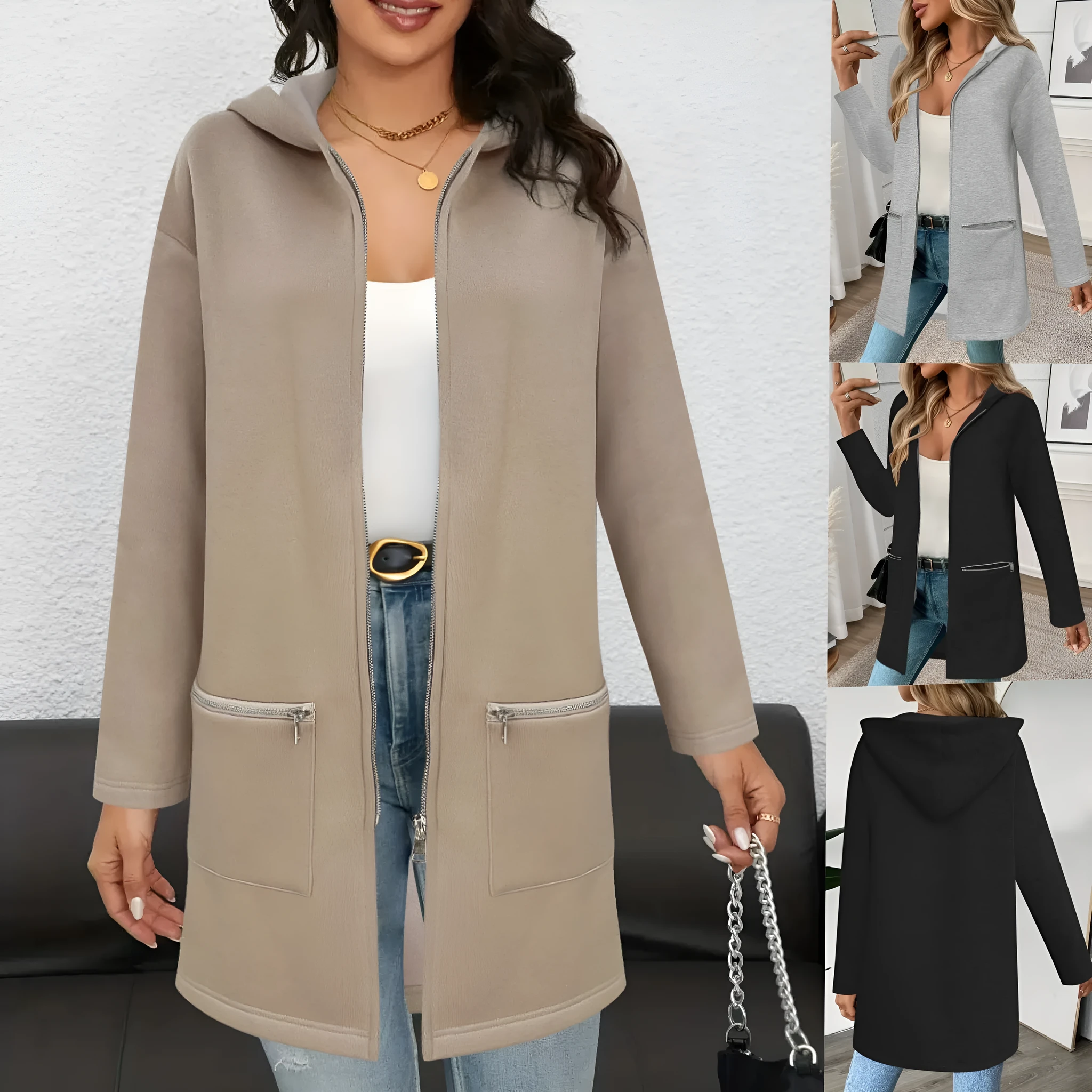 A loose grey mid-length cardigan coat for women with pockets, shown on a hanger.