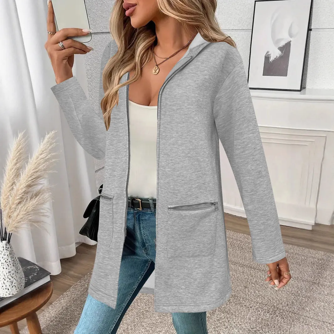A loose grey mid-length cardigan coat for women with pockets, shown on a hanger.