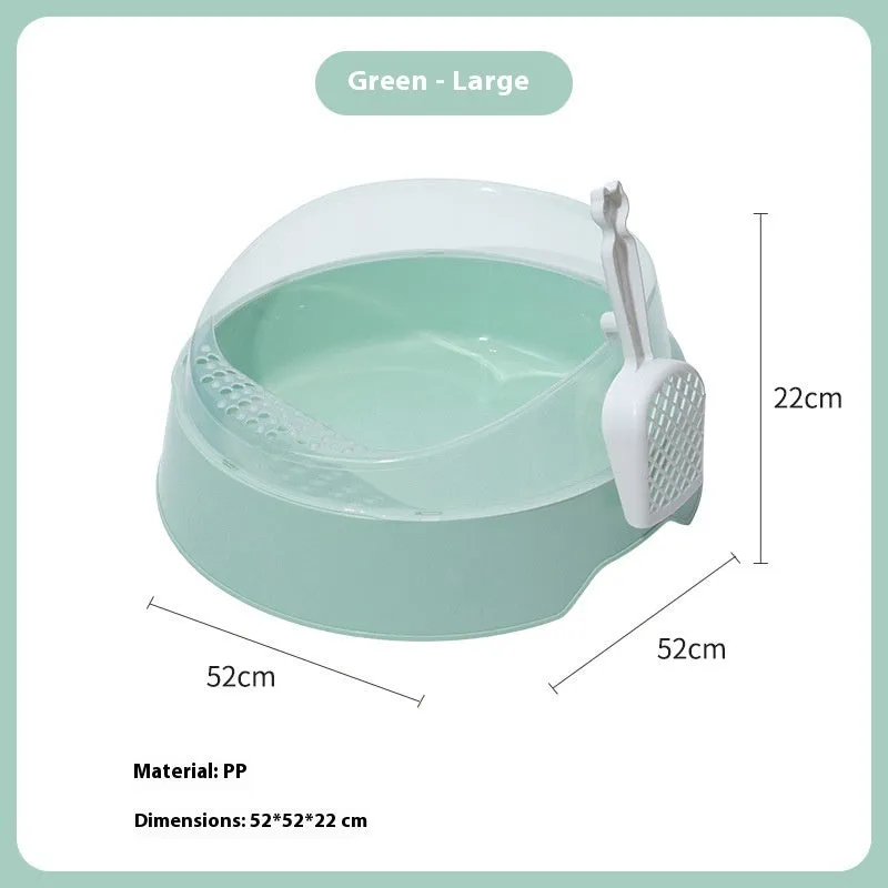 Round deodorant cat litter box in mint green and pink colour options showing large and small sizes.