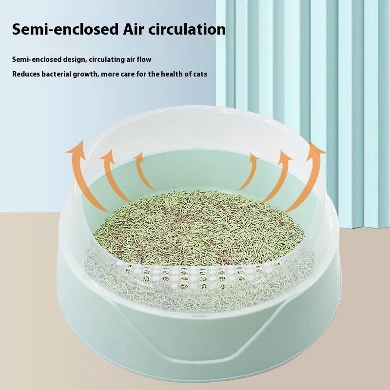 Round deodorant cat litter box in mint green and pink colour options showing large and small sizes.