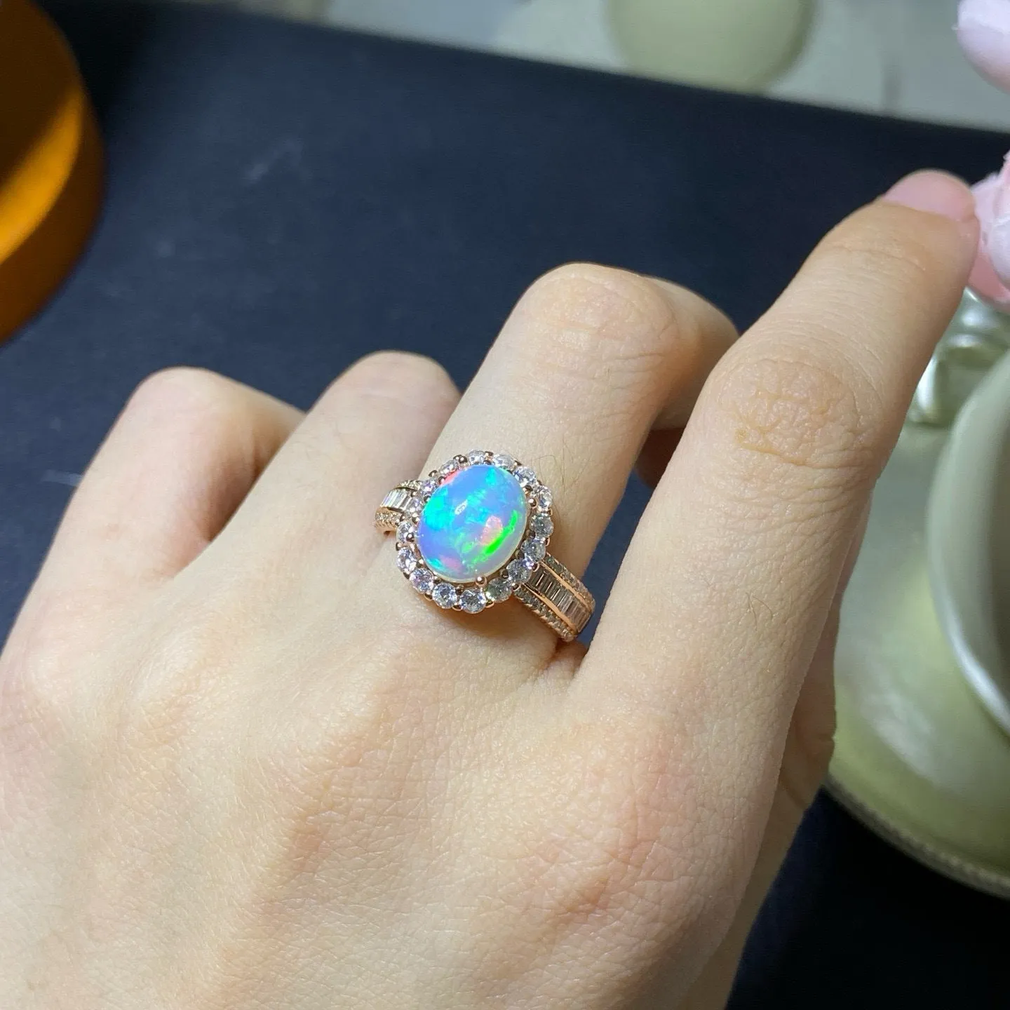 Natural opal stone ring in sterling silver with gold plating on open band