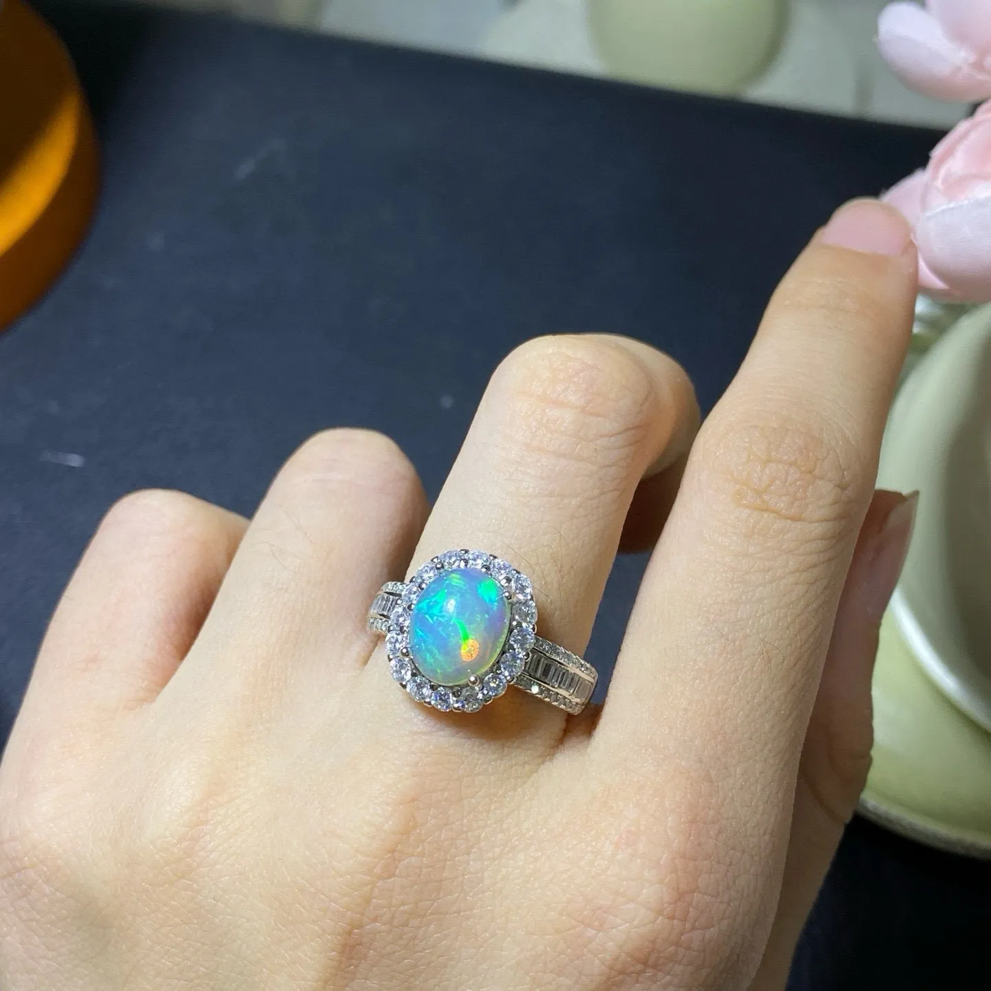Natural opal stone ring in sterling silver with gold plating on open band
