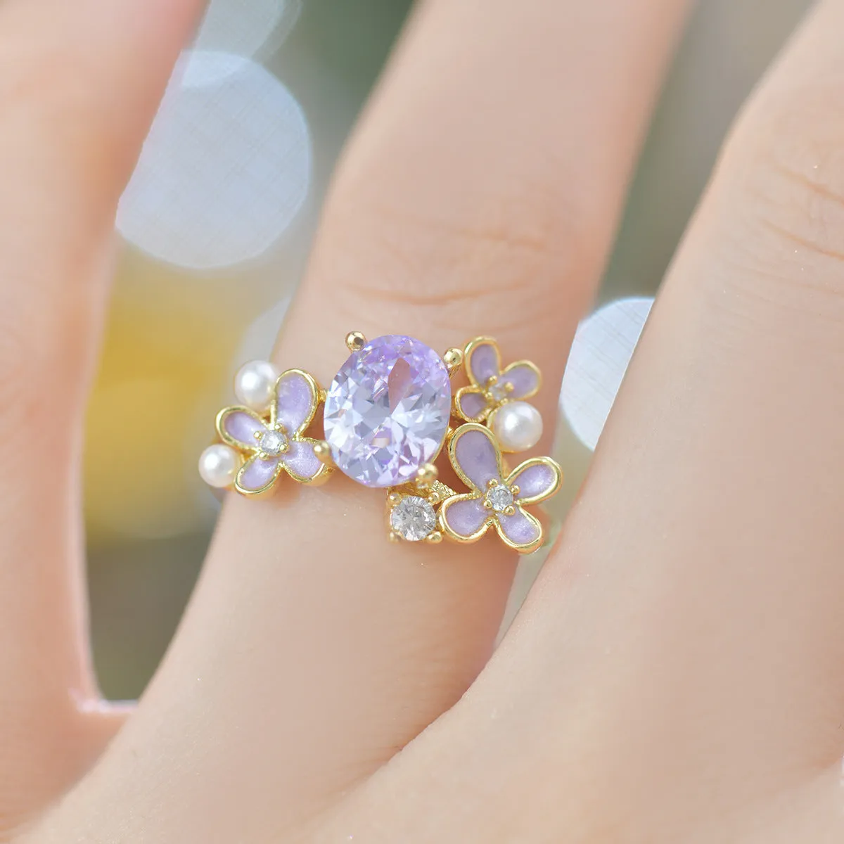 Flower pearl zircon open ring in yellow or light purple with floral design and adjustable opening
