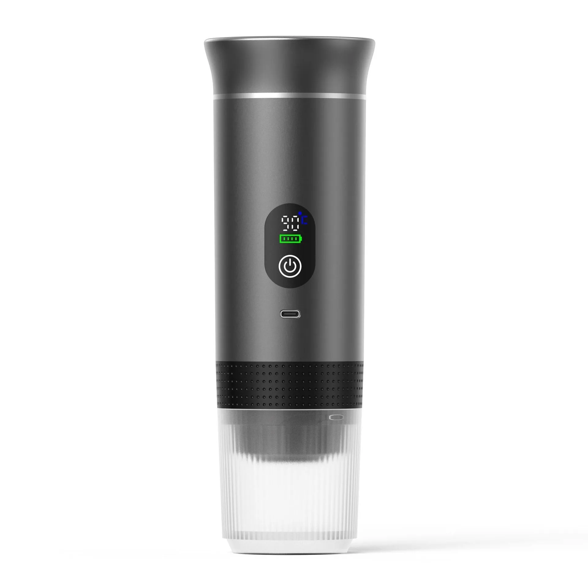 Portable capsule coffee machine with LCD display in Nordic design for car and travel use