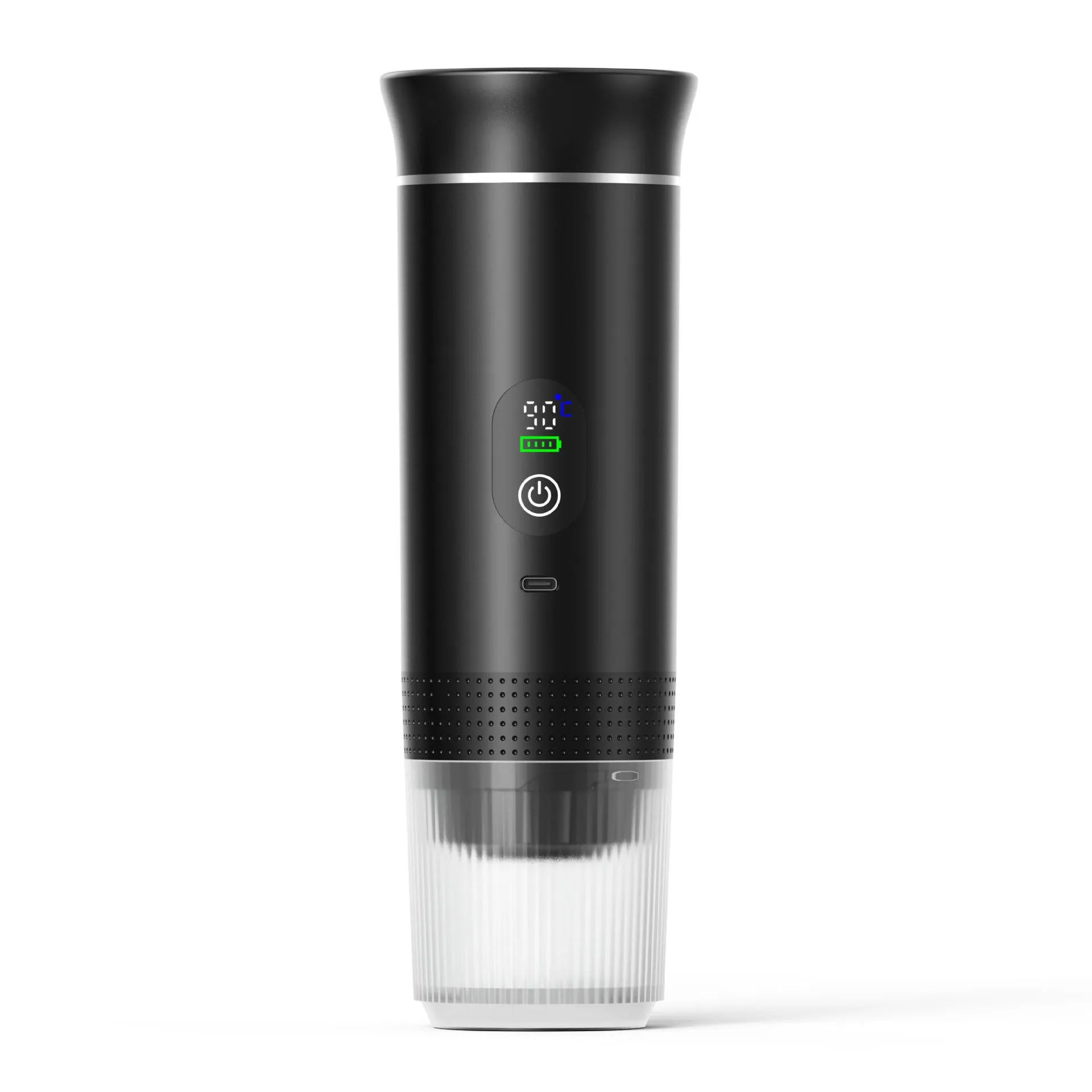 Portable capsule coffee machine with LCD display in Nordic design for car and travel use