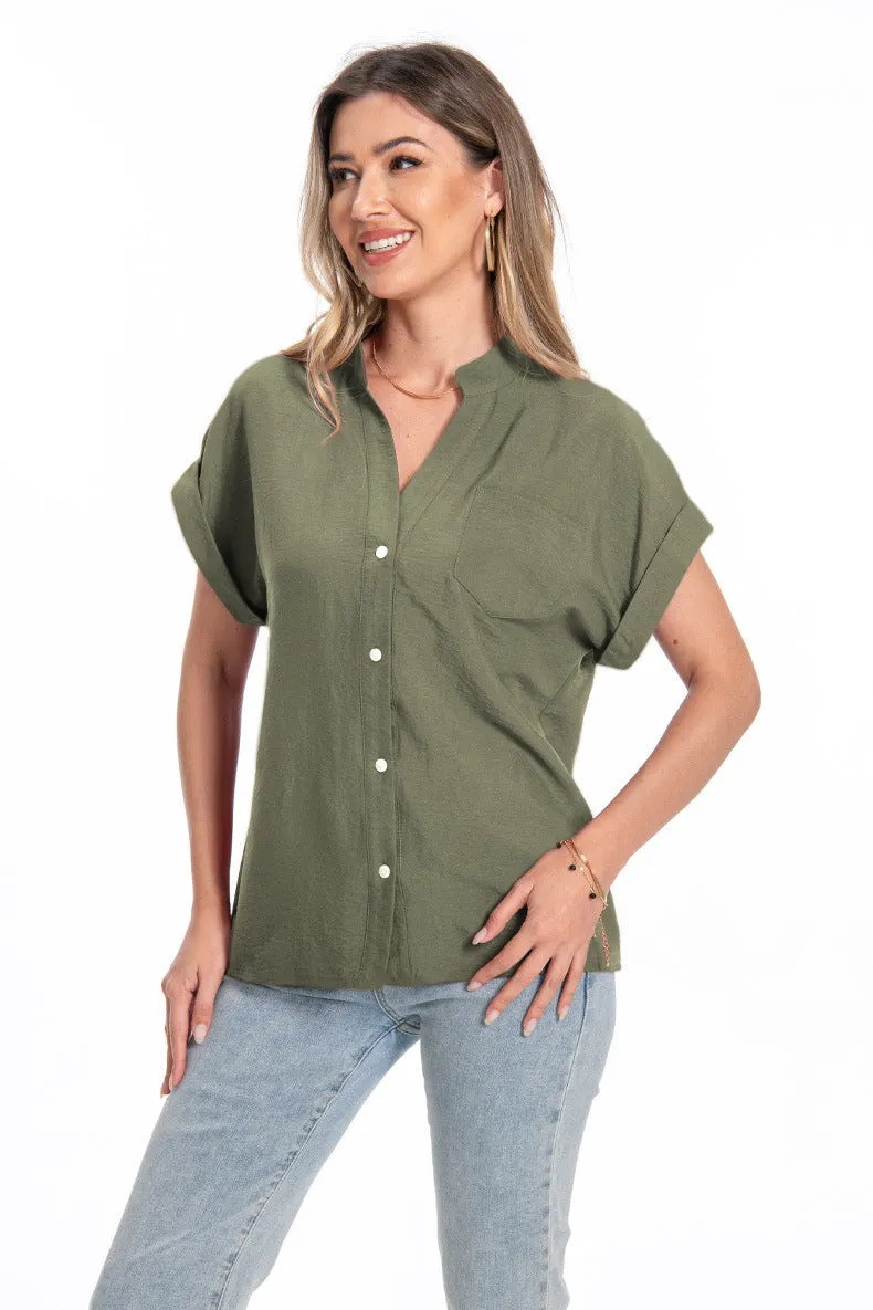 Women's loose fit short sleeve summer top with stand collar and button front in Army Green.