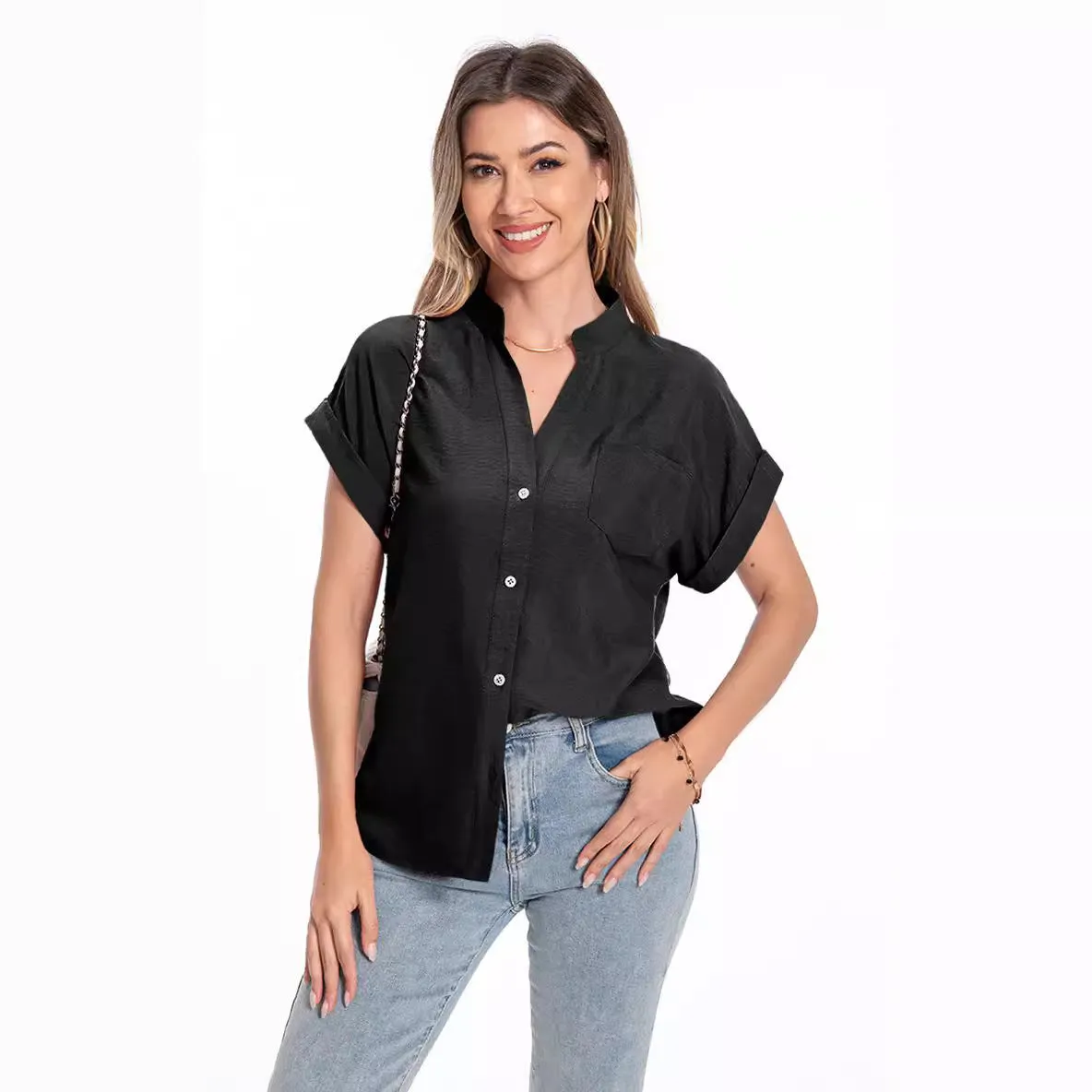 Women's loose fit short sleeve summer top with stand collar and button front in Army Green.