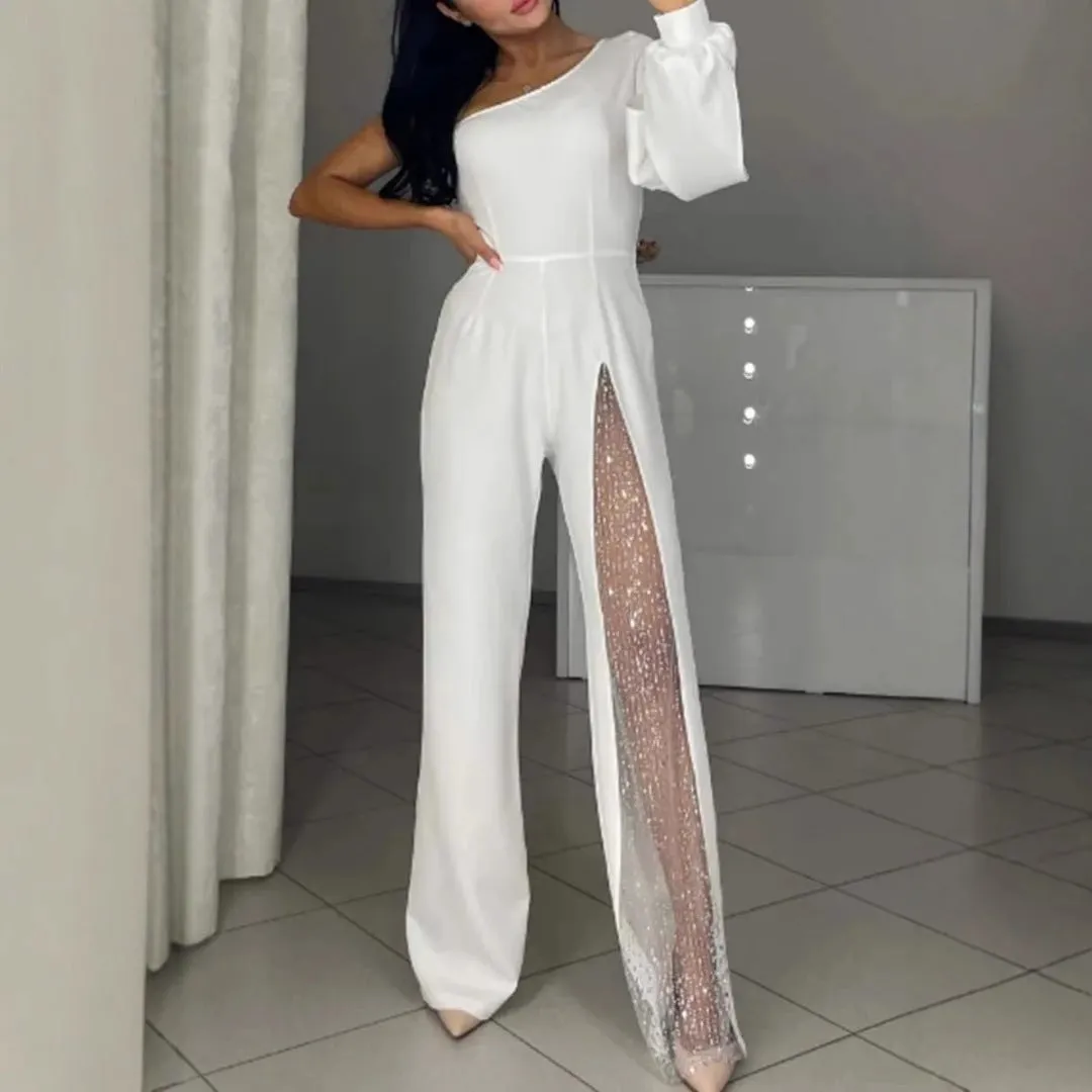 Black women's jumpsuit with an oblique shoulder neckline, long sleeves, and a high leg slit.