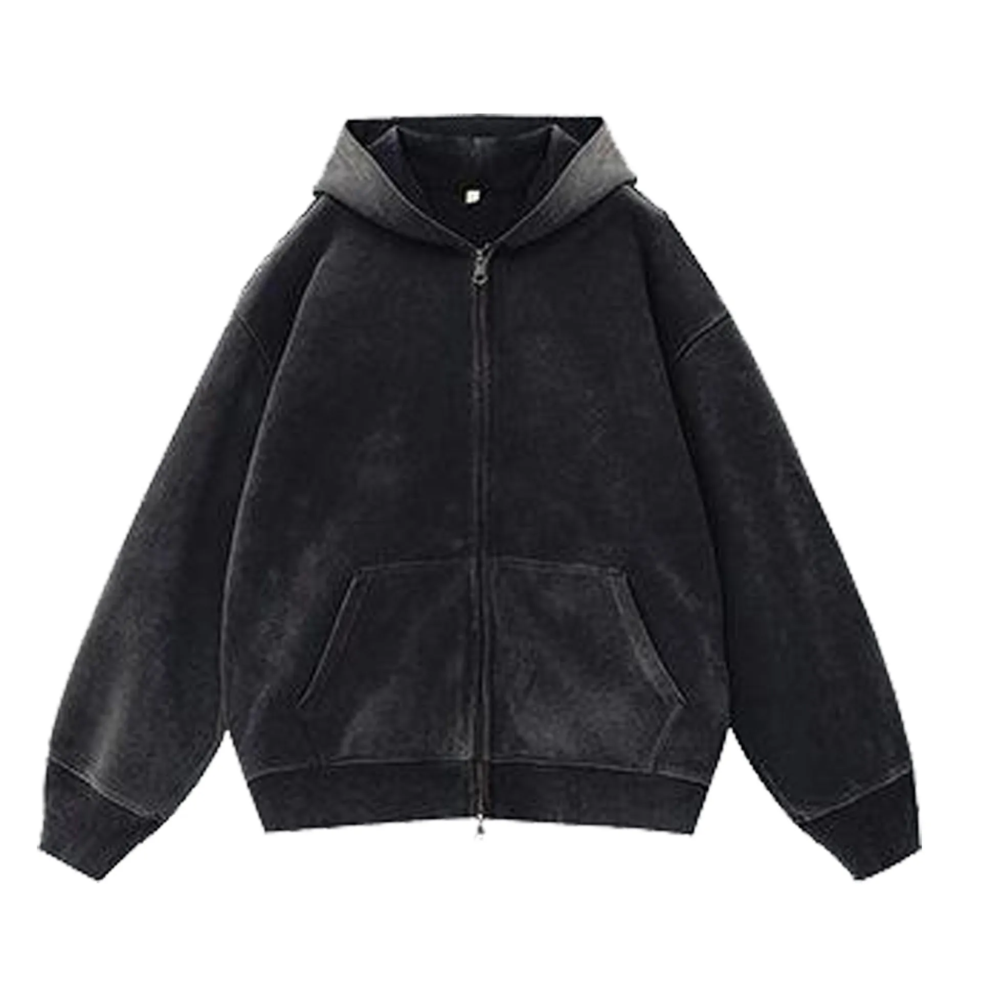 Women's distressed fleece-lined hooded cardigan sweater in loose fit with patch pockets