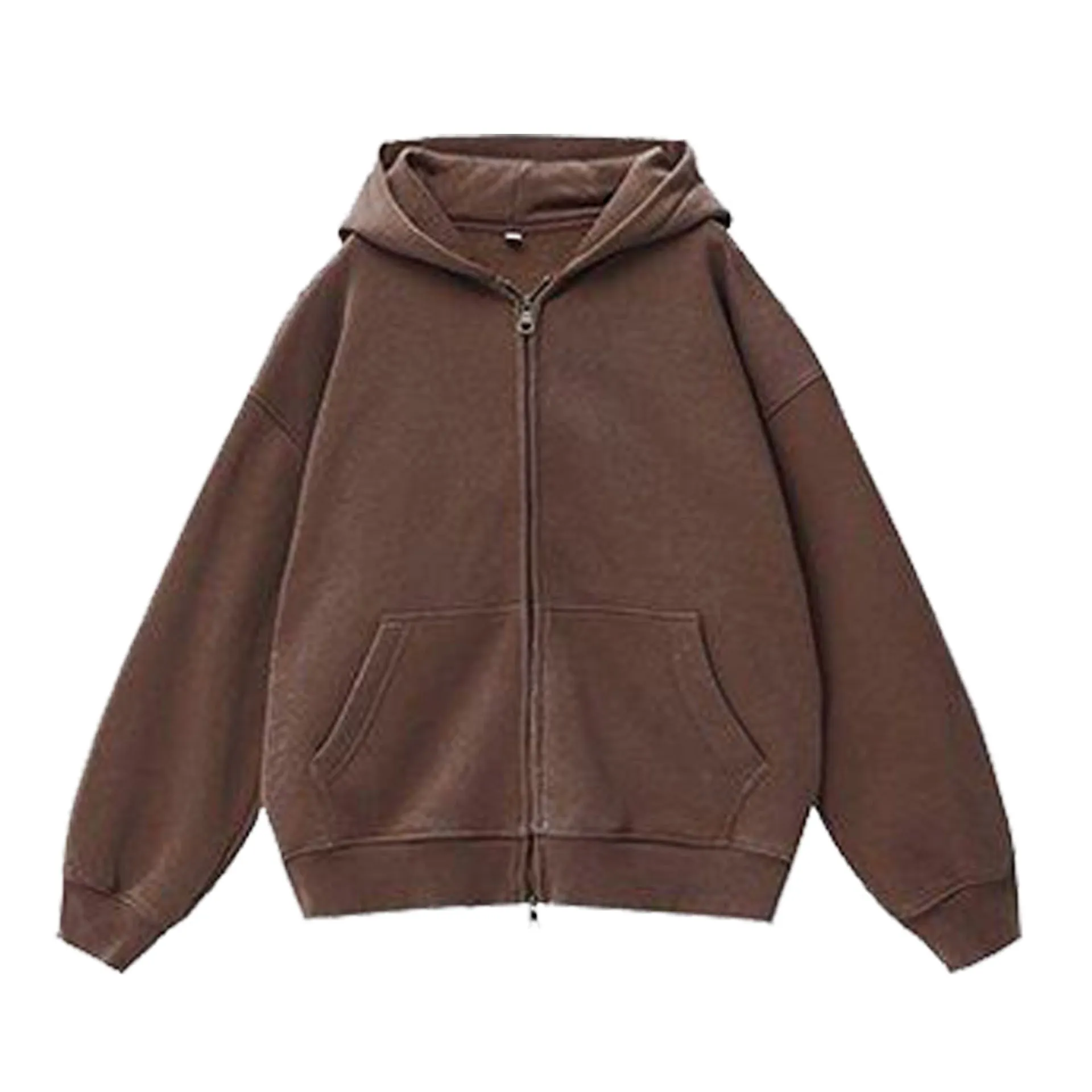 Women's distressed fleece-lined hooded cardigan sweater in loose fit with patch pockets