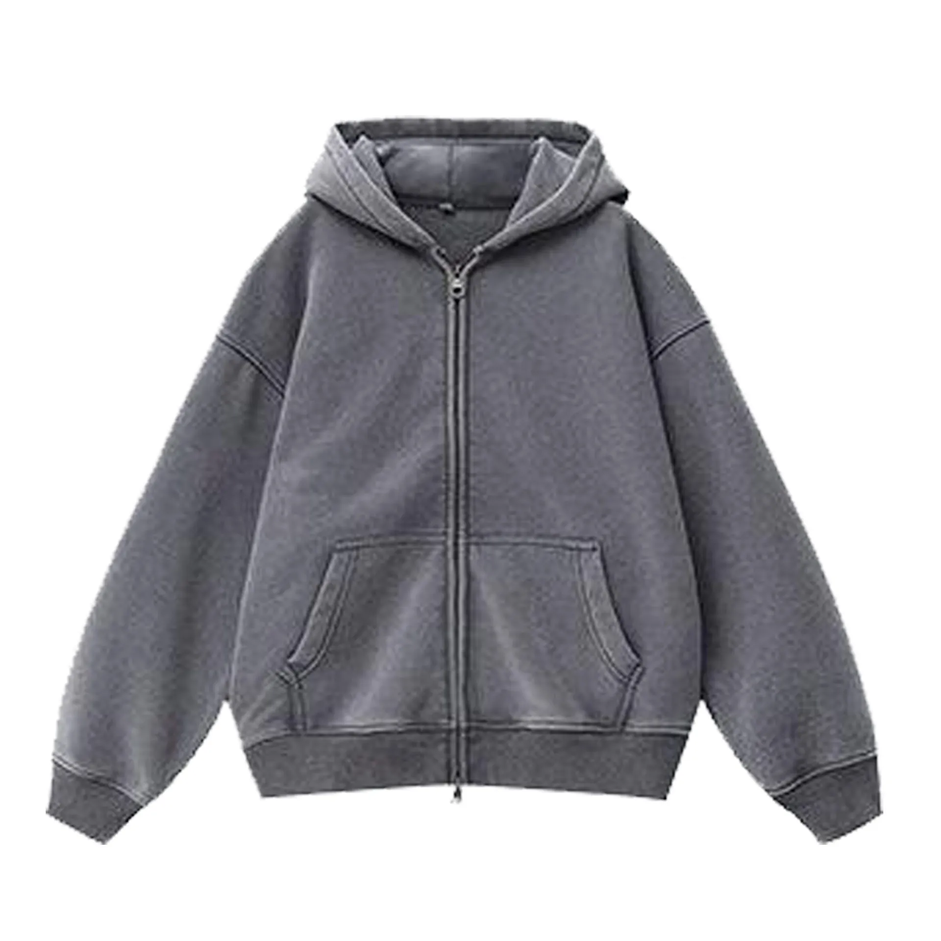 Women's distressed fleece-lined hooded cardigan sweater in loose fit with patch pockets