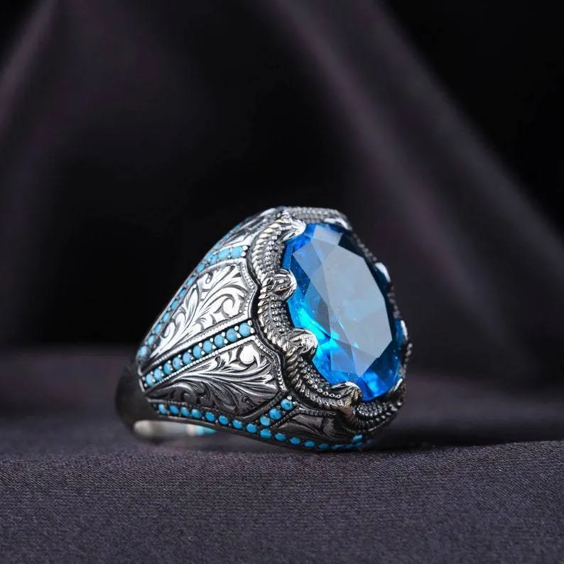 Geometric blue zircon couple ring with diamond accents in antique silver finish