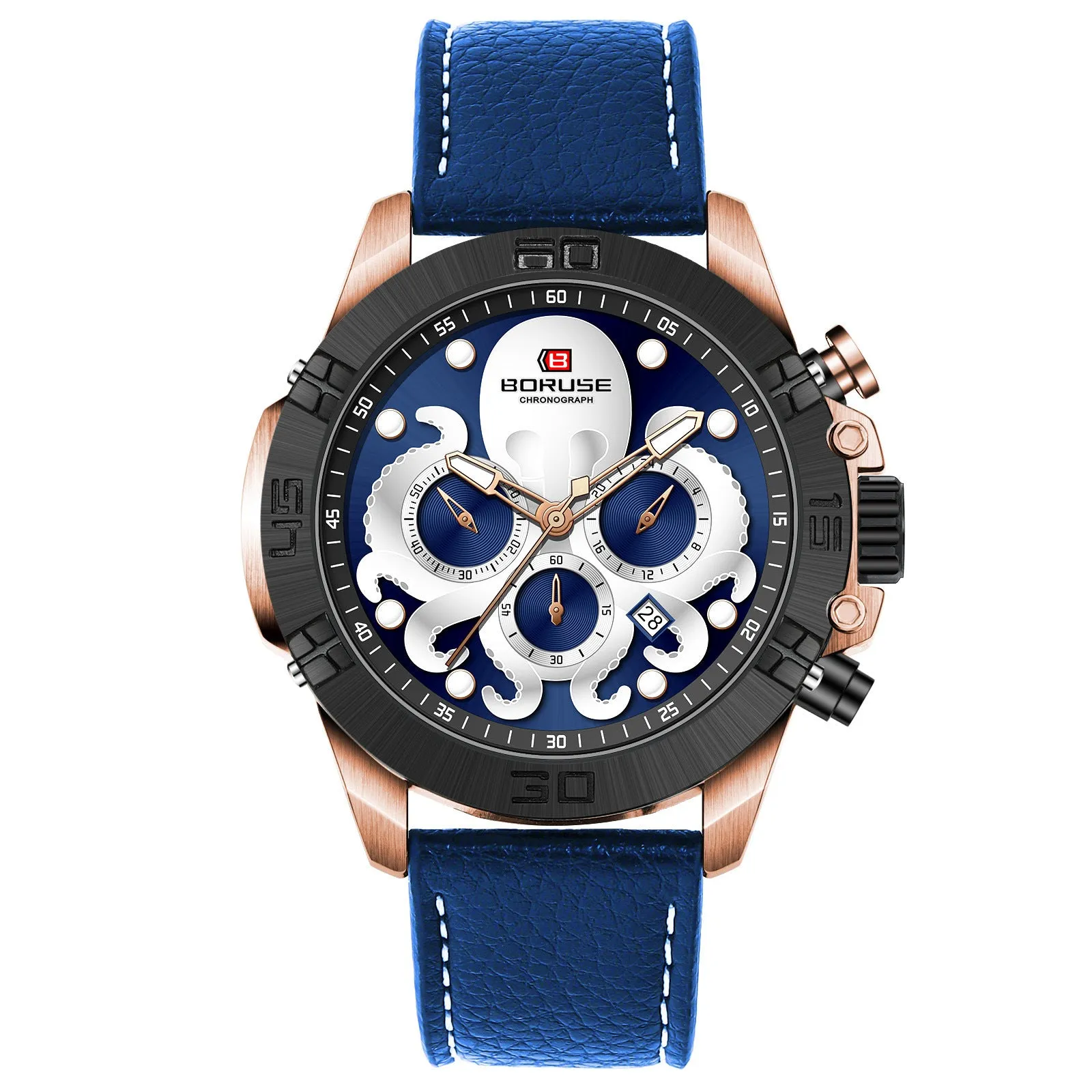 Octopus men's waterproof luminous quartz watch with 13mm thick case in blue and black colour options