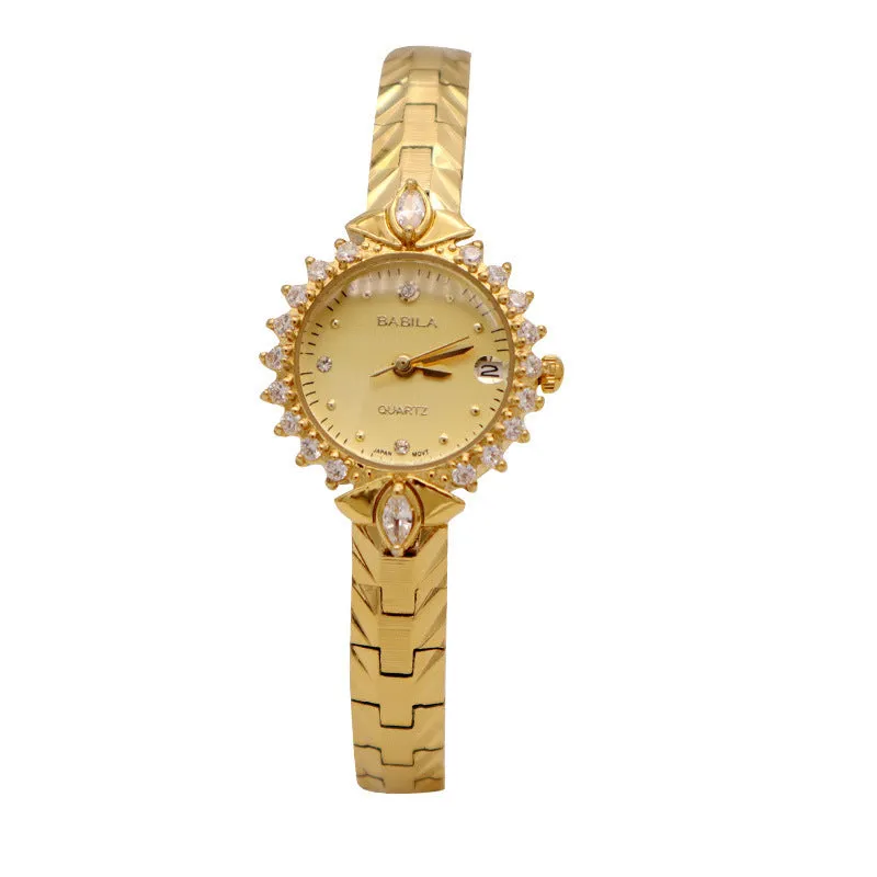 Women's vintage-style quartz watch with diamond-embossed dial and gold metal bracelet