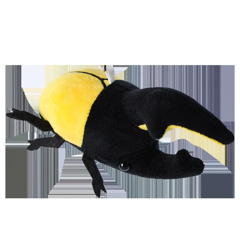 Small black plush rhinoceros beetle doll pendant with 10cm height on a white background.