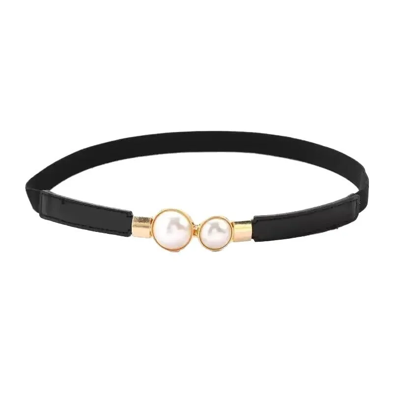Thin black PU leather decorative belt with two silver alloy buckles fastened
