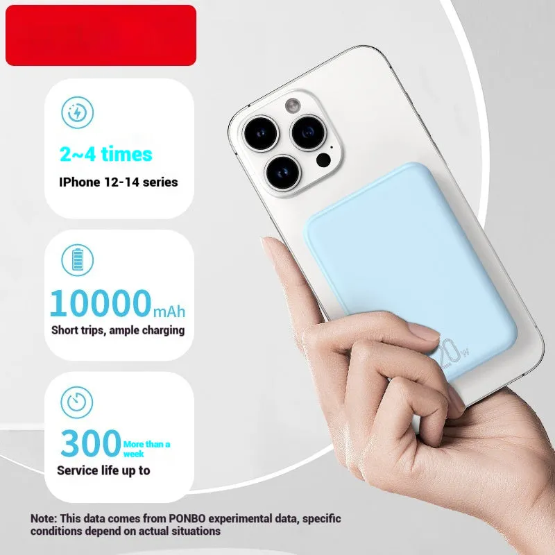 Portable 10000mAh magnetic wireless charging power bank in blue, purple, and white colours