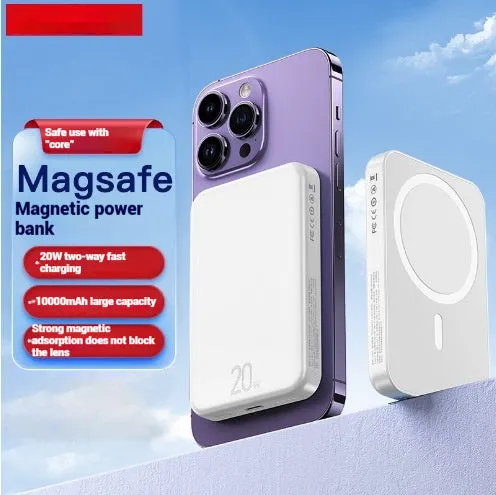 Portable 10000mAh magnetic wireless charging power bank in blue, purple, and white colours