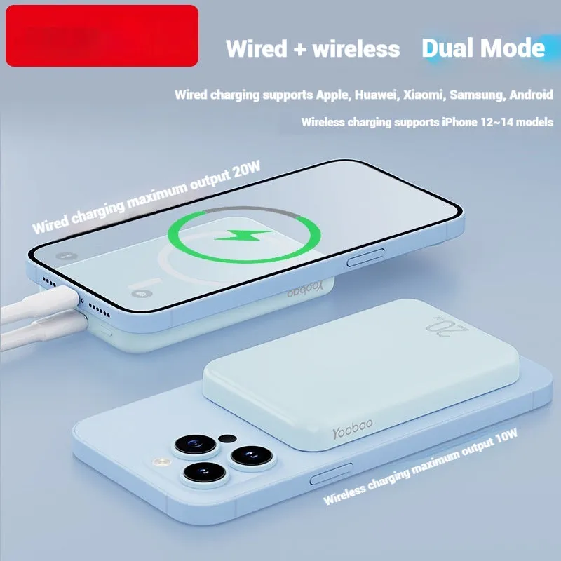 Portable 10000mAh magnetic wireless charging power bank in blue, purple, and white colours