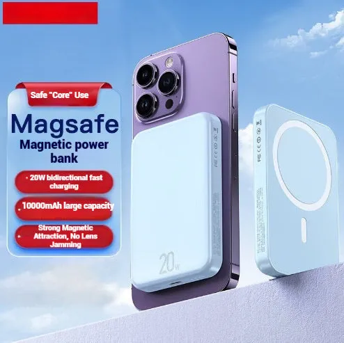 Portable 10000mAh magnetic wireless charging power bank in blue, purple, and white colours
