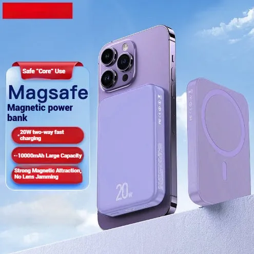 Portable 10000mAh magnetic wireless charging power bank in blue, purple, and white colours