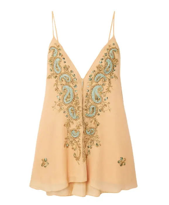 Light yellow women's ethnic print strap skirt with V-neck and sleeveless design.