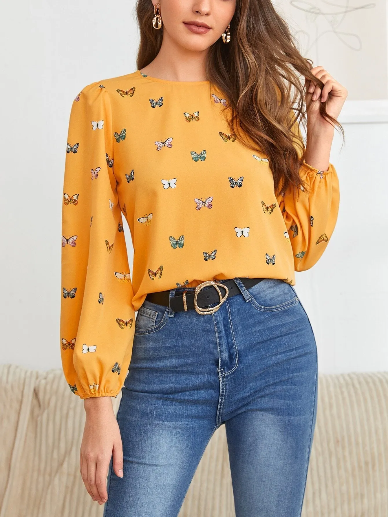 Women's long-sleeved butterfly print shirt in green and orange colour options
