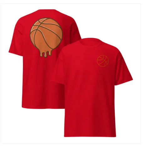 Men's short-sleeved polyester mesh T-shirt in maroon colour with a ball-style pattern.