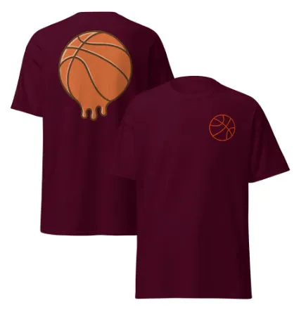 Men's short-sleeved polyester mesh T-shirt in maroon colour with a ball-style pattern.