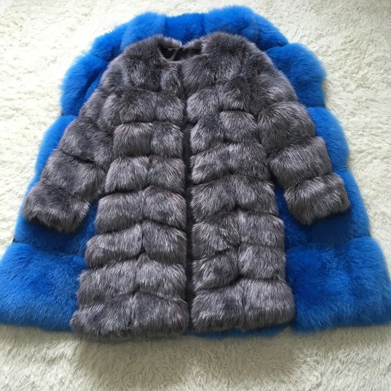 Women's long black faux fur coat with regular sleeves on a hanger.