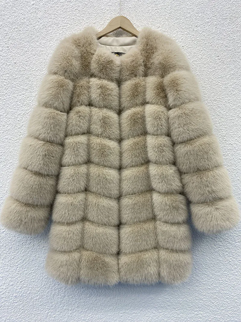Women's long black faux fur coat with regular sleeves on a hanger.
