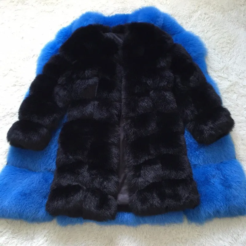 Women's long black faux fur coat with regular sleeves on a hanger.