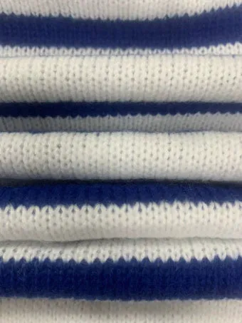 Sapphire blue striped acrylic pullover sweater with round neck and long sleeves