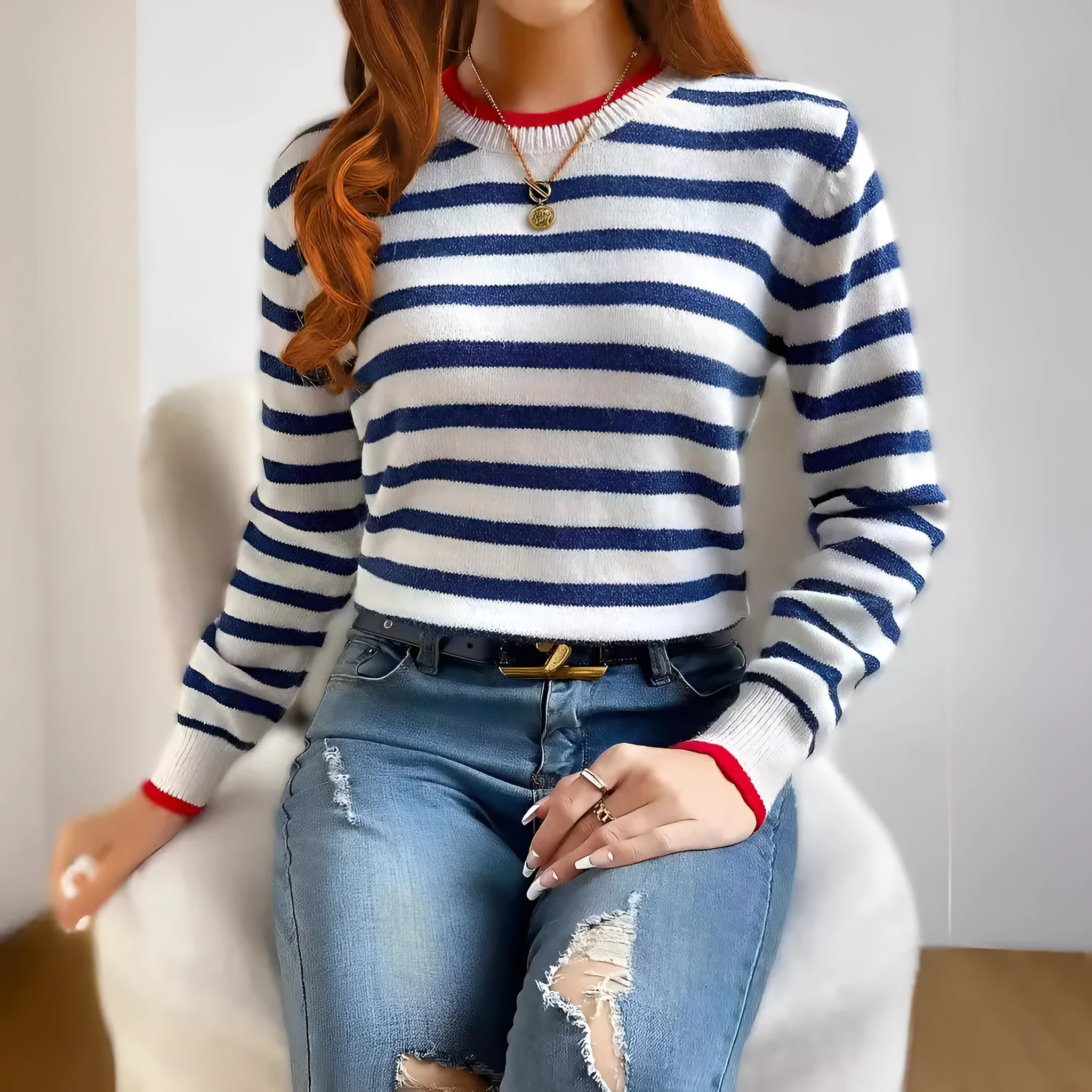 Sapphire blue striped acrylic pullover sweater with round neck and long sleeves