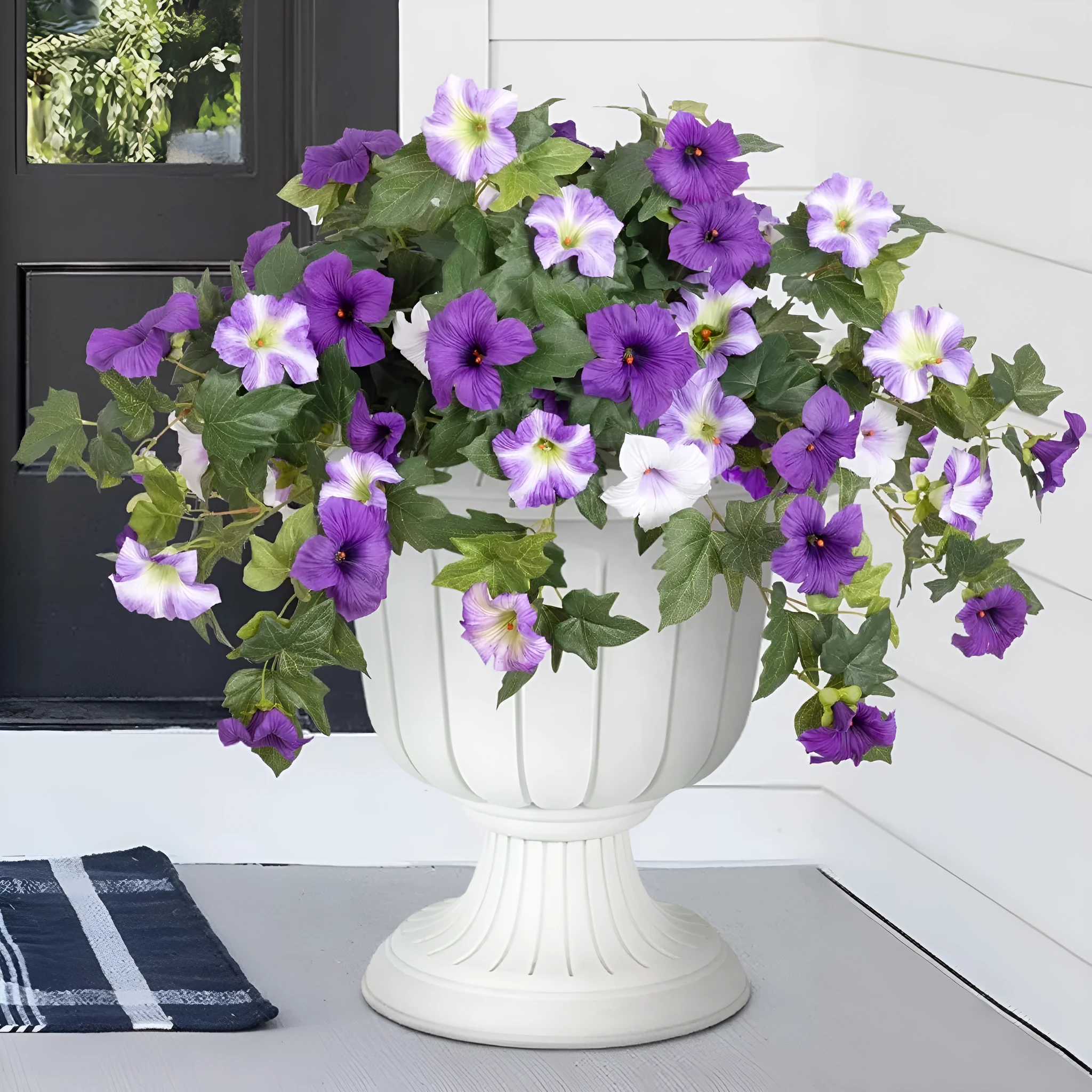 Plastic and silk artificial flower bouquet with 12 metal fork stems for outdoor garden decoration.