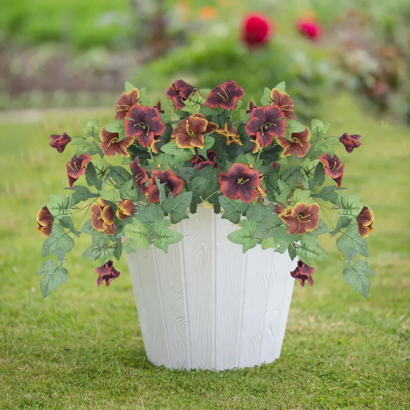 Plastic and silk artificial flower bouquet with 12 metal fork stems for outdoor garden decoration.
