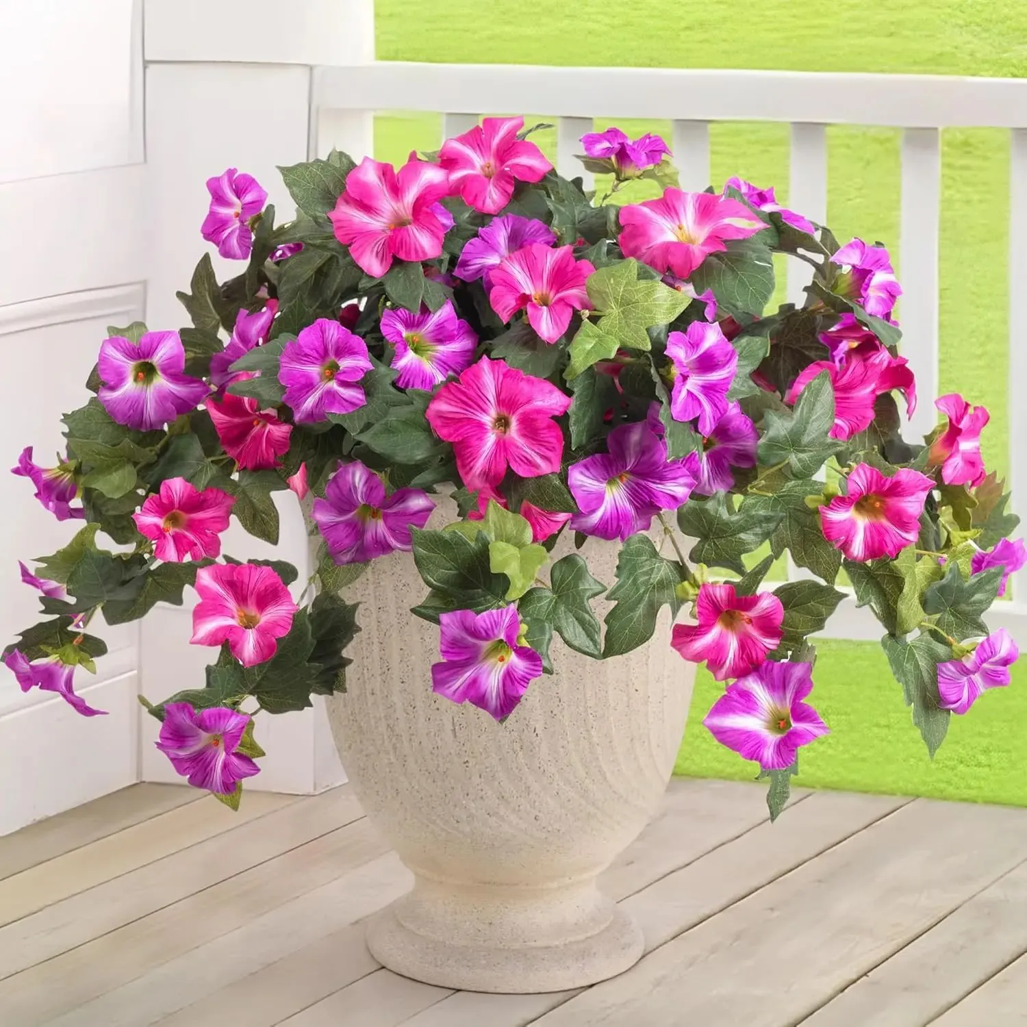 Plastic and silk artificial flower bouquet with 12 metal fork stems for outdoor garden decoration.