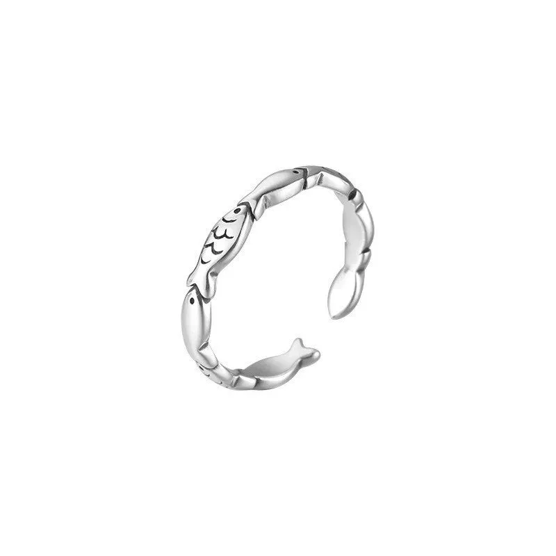 Women's adjustable S925 sterling silver fish ring with carp design and open mouth construction